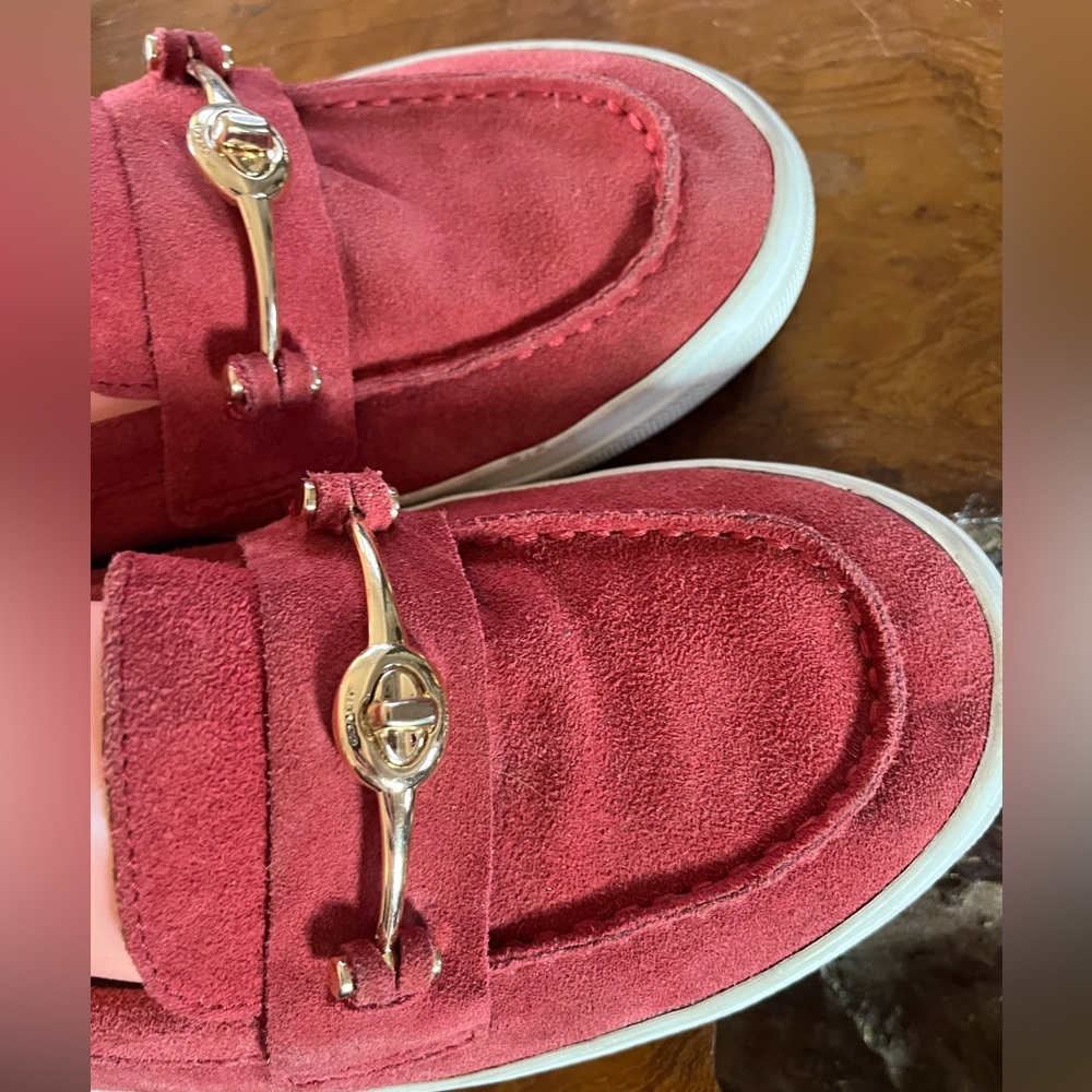 Coach “Corey” Red Suede Loafers Size 8.5 Gold Hardware White Rubber Sole - Picture 6 of 9